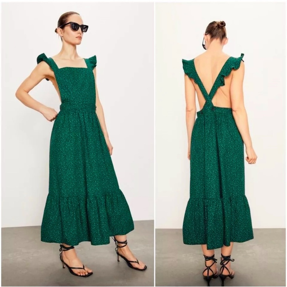ZARA Green Floral Tiered Pinafore Apron Midi CottageCore Dress XS